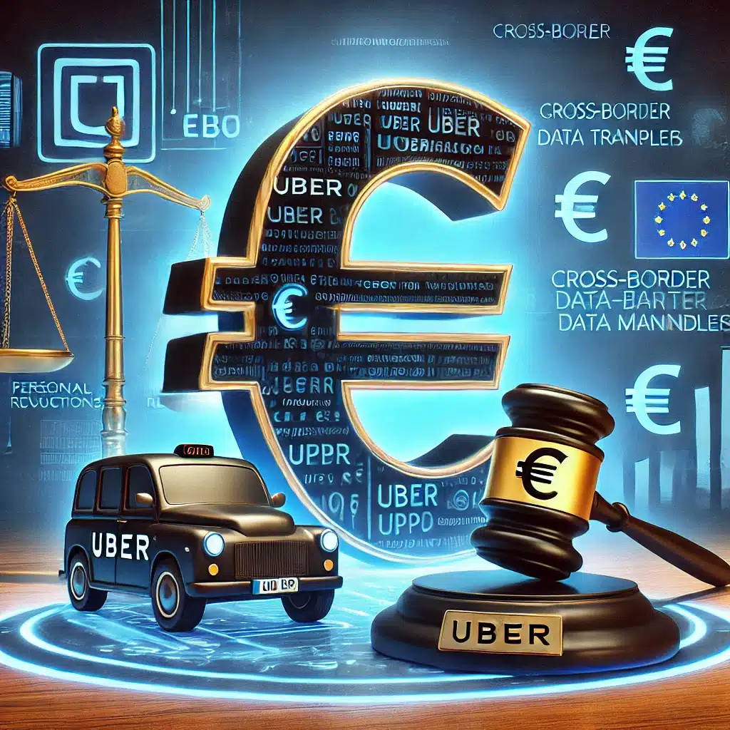 DALL·E 2024-09-16 16.30.45 – An image depicting a serious corporate compliance issue related to data protection. In the foreground, visualize a large, bold ‘Uber’ logo overshadowe Multa histórica a Uber