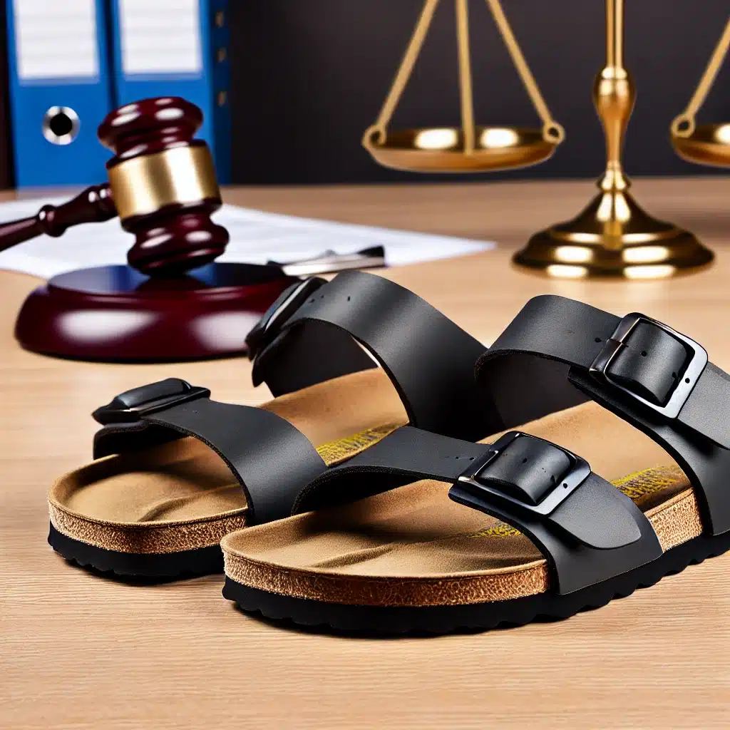 DALL·E 2024-10-08 09.28.31 – A detailed image featuring a pair of classic Birkenstock Arizona Big Buckle sandals without sheepskin. The sandals are placed on a professional desk, balenciaga-birkenstock-fallo-euipo-diseno-sandalias