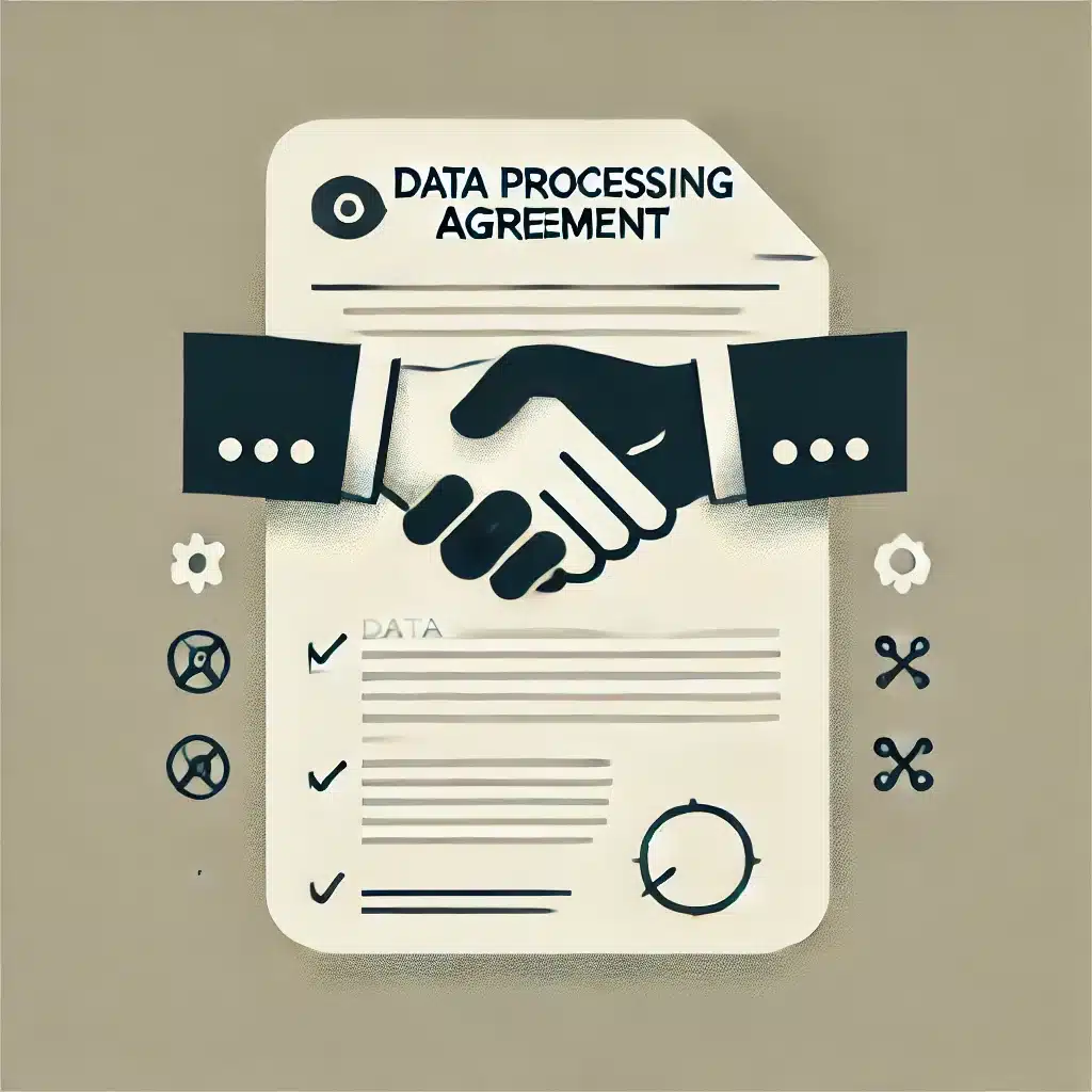 DALL·E 2024-10-14 17.26.56 – A minimalistic illustration of a data processing agreement concept. Two individuals shaking hands over a contract document, without any text other tha consideraciones-contratacion-encargados-tratamiento-edpb