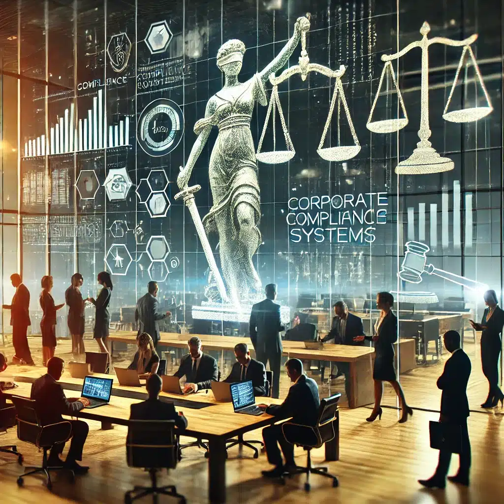 DALL·E 2024-10-16 17.19.17 – An image depicting corporate compliance systems in action, with a business setting showing people collaborating in a modern office. There is a large d implementación de sistemas de compliance