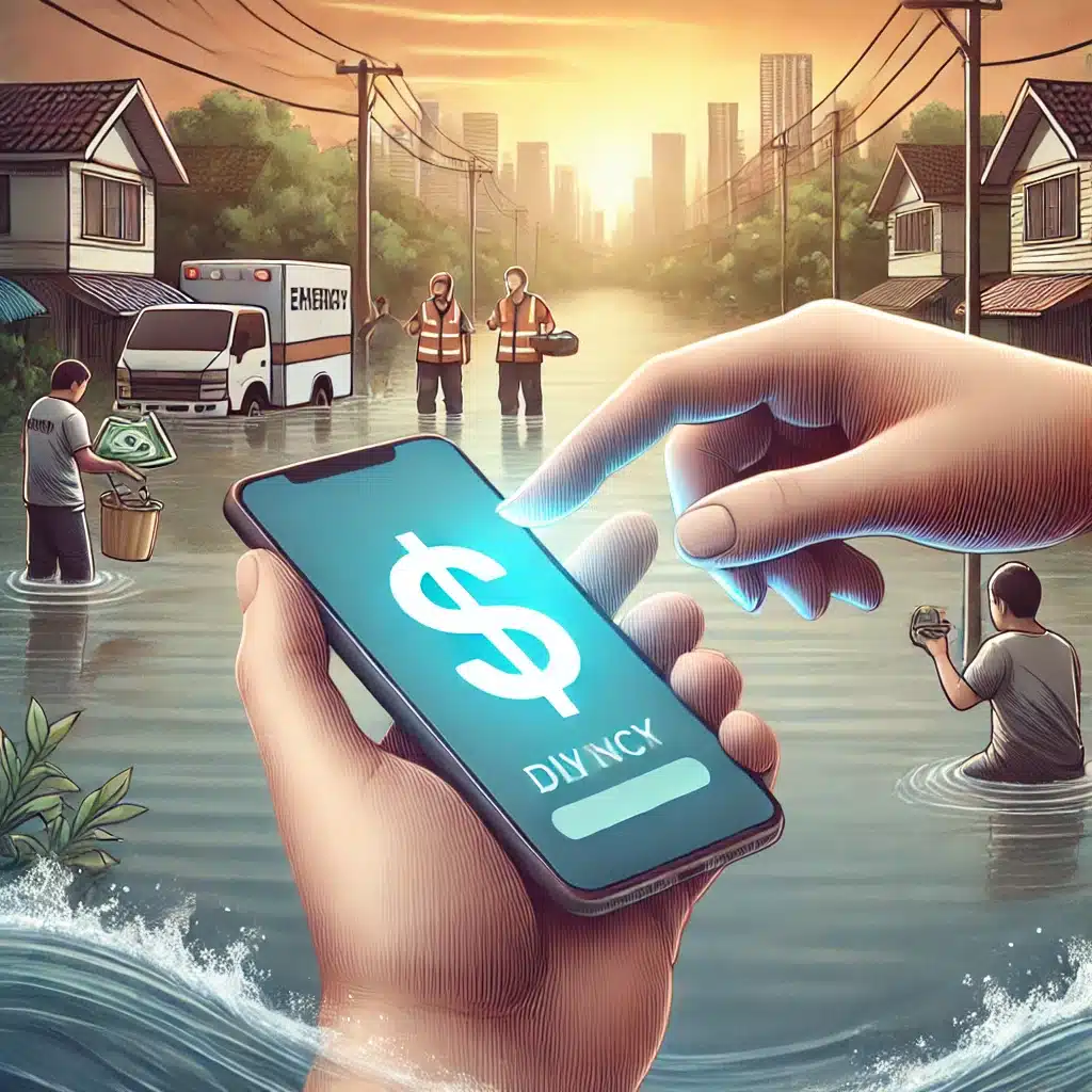 DALL·E 2024-11-08 12.38.03 – A digital illustration of hands exchanging money through a mobile phone, symbolizing digital transactions. The background shows an emergency scene wit Implicaciones fiscales y legales de las donaciones mediante Bizum en situaciones de crisis
