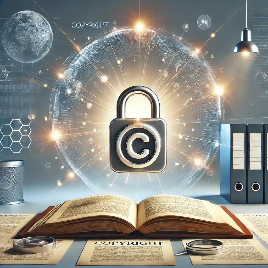 DALL·E 2024-11-19 10.31.37 – A conceptual representation of copyright protection without human figures, featuring symbols like a glowing padlock with a copyright symbol, an open b proteccion-derechos-de-autor