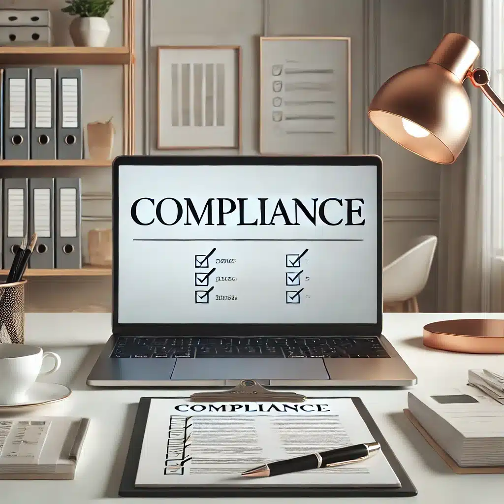 DALL·E 2024-12-09 12.00.33 – A clean and minimalistic image of a modern desk setup featuring the word ‘Compliance’ prominently and correctly spelled. The desk includes items like compliance