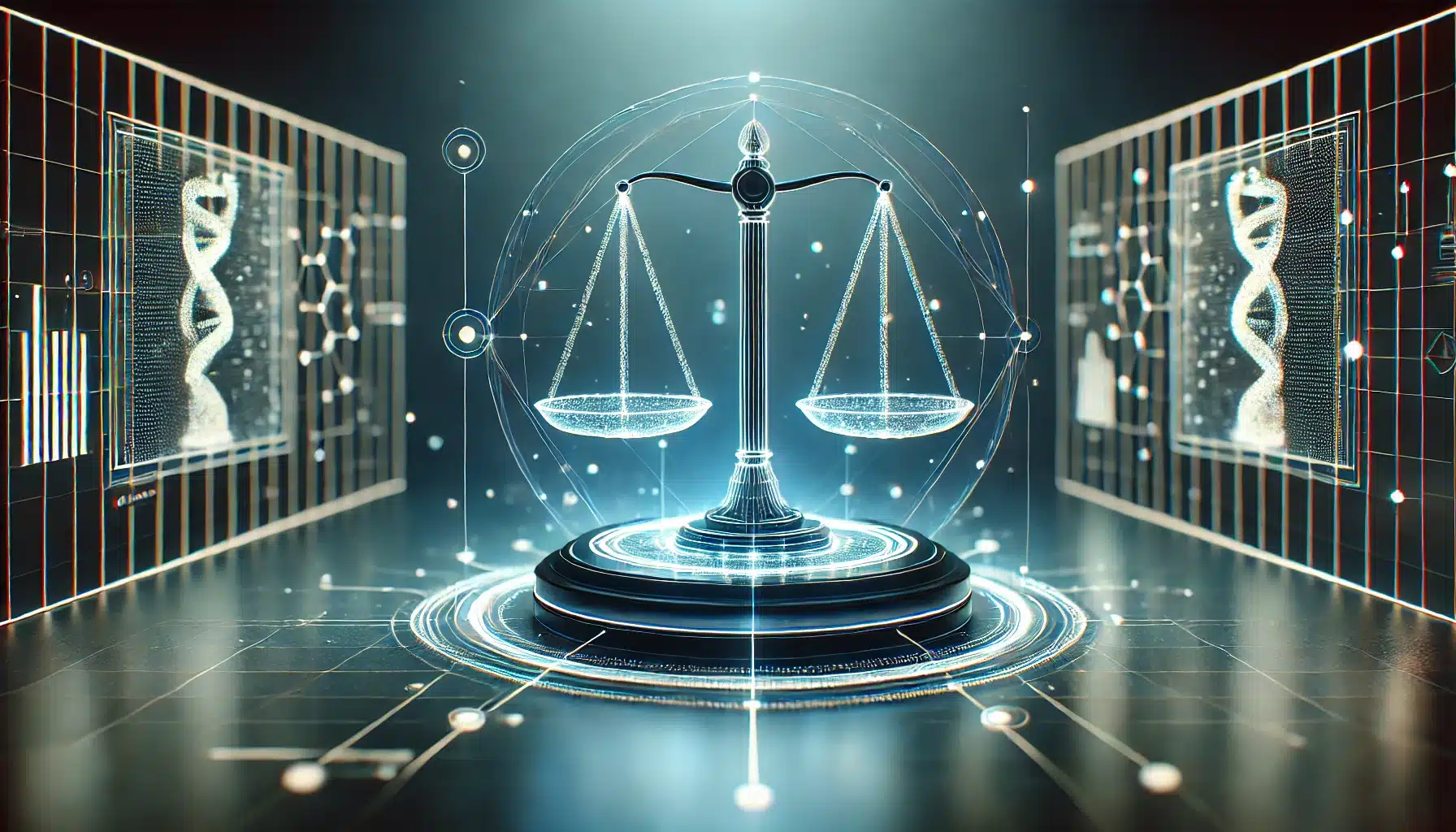 DALL·E 2025-01-14 13.48.20 – A minimalist representation of justice system modernization, featuring a digital scale of justice glowing on a sleek, futuristic background. The image ley-organica-eficiencia-organizativa
