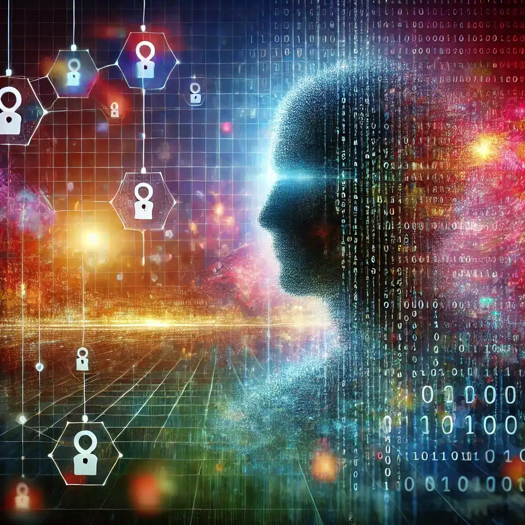 DALL·E 2025-01-22 18.23.06 – An artistic representation of pseudonymization, showcasing a vibrant digital landscape with a human figure whose identity is partially obscured by a m pseudonimizacion-proteccion-datos-CEPD