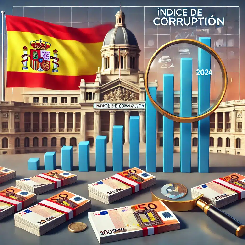 DALL·E 2025-02-11 09.45.09 – A professional and realistic infographic-style illustration representing corruption in Spain. The image includes a declining bar graph with the title