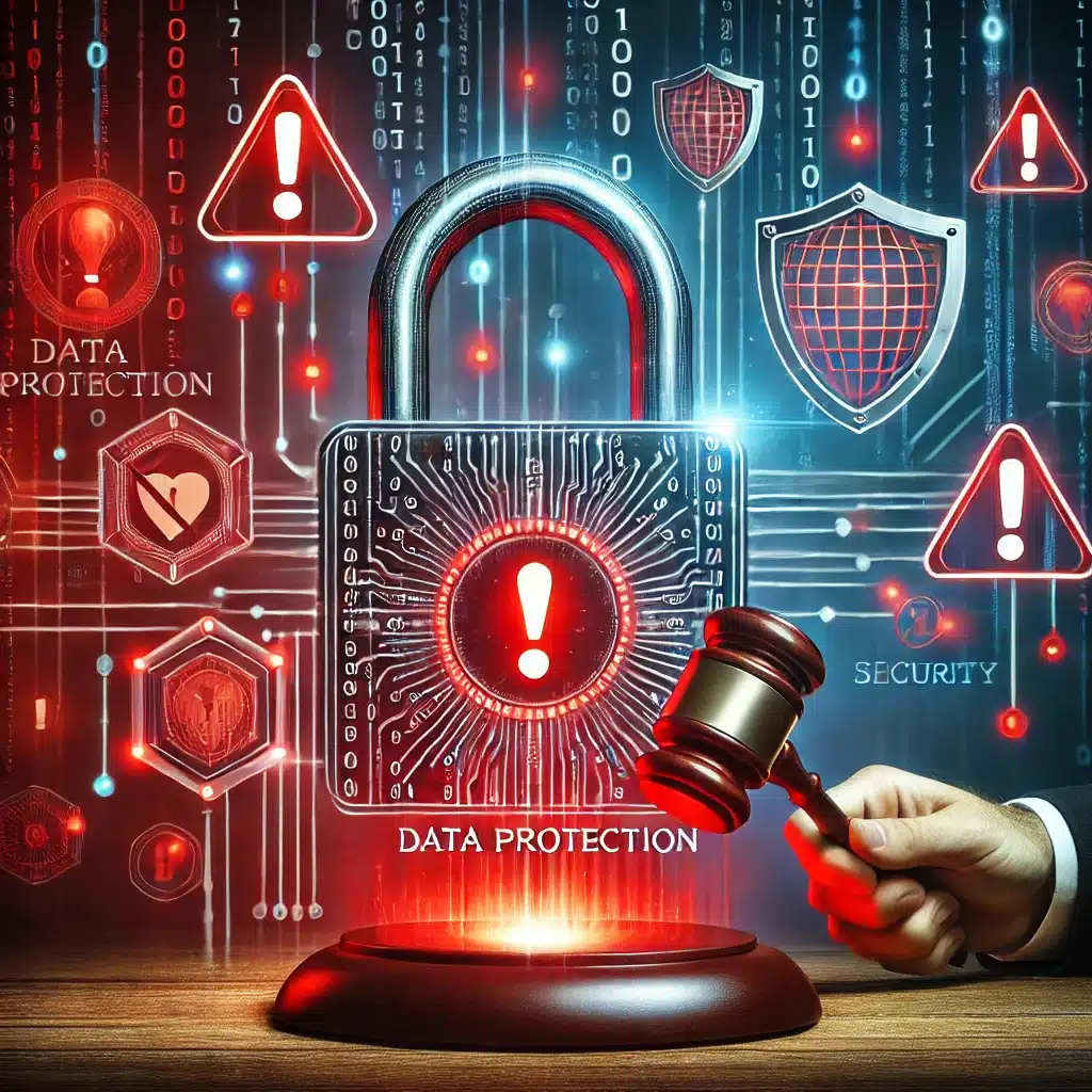 DALL·E 2025-02-18 18.33.32 – A conceptual digital illustration representing data protection sanctions. The image features a large digital lock surrounded by glowing red warning sy sanciones-proteccion-datos-2024